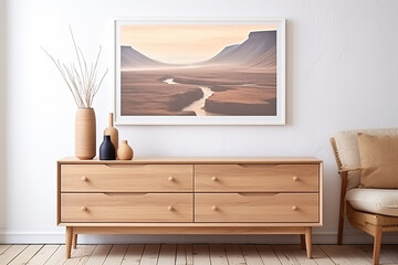 Wooden dresser and art poster on white wall. Scandinavian home interior design of modern living room.