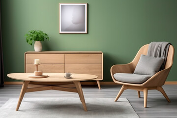 Wooden coffee table and lounge chair near gray sofa against green wall. Scandinavian home interior design of modern living room.
