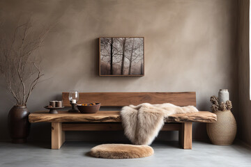 Wooden bench made from rough wood slab. Rustic boho farmhouse home interior design of modern living room