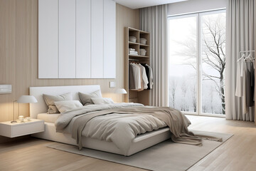White wooden wardrobe in scandinavian style interior design of modern bedroom.