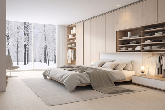 White wooden wardrobe in scandinavian style interior design of modern bedroom.