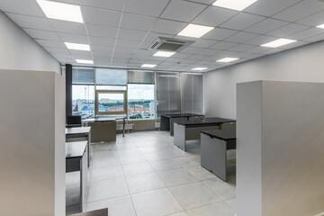 Interior of a modern office with huge panoramic windows, after renovation
