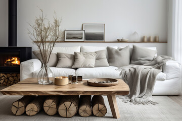 White sofa with blanket and wooden coffee table against fireplace with firewood stack. Minimalist scandinavian home interior design of modern living room.