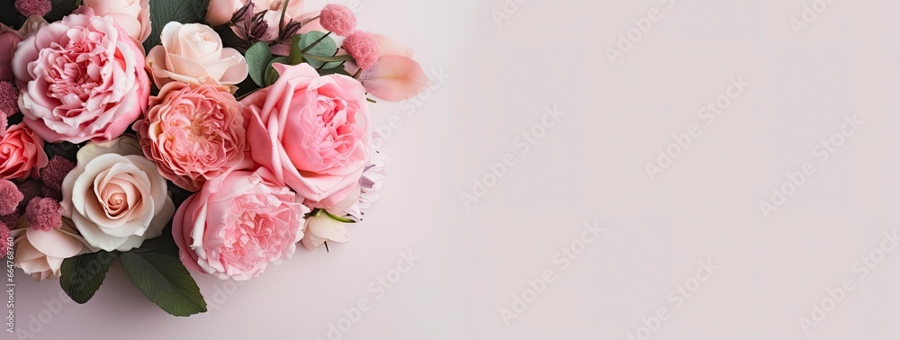 Wall mural Fresh bunch of pink peonies and roses with copy space.