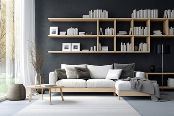 White loveseat sofa against window near dark grey wall with shelving unit. Scandinavian home interior design of modern living room