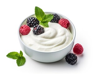 Green bowl of greek yogurt and fresh berries isolated on white background.