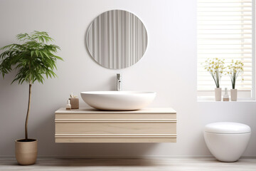 Fototapeta na wymiar Wall-mounted vanity with white ceramic vessel sink. Interior design of modern scandinavian bathroom.