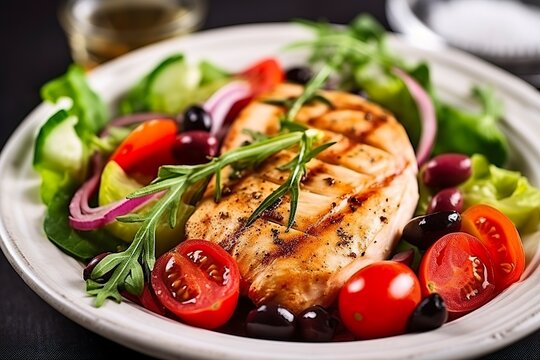 Grilled chicken breast with tomatoes, red pepper, organic green and kalamata olives.