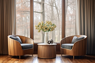 Two barrel chairs and round wooden coffee table against window near paneling wall and curtain. Mid-century home interior design of modern living room.