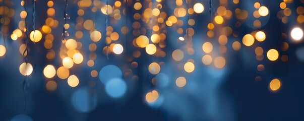 Fototapeta na wymiar holiday illumination and decoration concept, Christmas garland bokeh lights over dark blue background.
