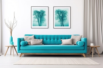 Teal sofa and three frames on white wall. Scandinavian home interior design of modern living room