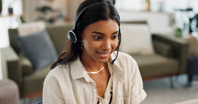 Happy Woman, Call Center And Headphones In Remote Work, Customer Service Or Telemarketing At Home Office. Face Of Female Person, Consultant Or Freelance Agent Smile For Online Advice, CRM Or Help