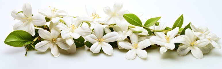 Jasmine flowers on white surface.