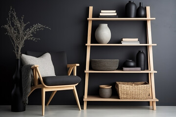 Shelving unit and console table near dark wall. Scandinavian style interior design of modern living room with wooden chair.
