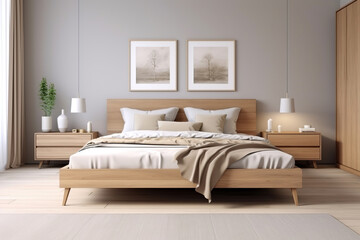 Fototapeta na wymiar Scandinavian style interior design of modern bedroom. Wood bed with white bedding and bedside cabinets.