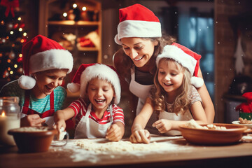 Photo of a woman and two little girls baking cookies together