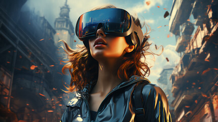Obraz premium A young girl wearing augmented reality glasses in a computer game in the virtual world