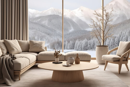 Scandinavian minimalist home interior design of modern living room. Round wooden coffee table near beige sofa and armchair against floor to ceiling panoramic window with winter mountain view. © arhendrix