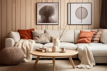 Round coffee table near white corner sofa with terra cotta cushions near paneling wall with art poster. Scandinavian home interior design of modern living room.