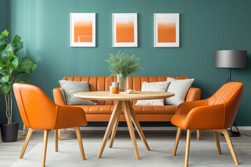 Orange leather chairs at round dining table against green wall. Scandinavian, mid-century home interior design of modern living room