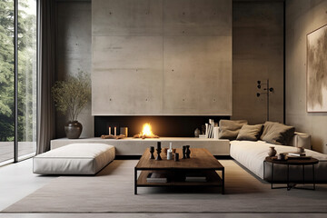 Minimalist style interior design of modern living room with fireplace and concrete walls - obrazy, fototapety, plakaty