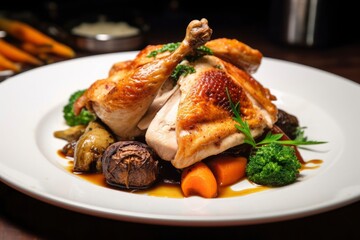 Plated chicken roast dinner on a white plate with carrot and morel mushroom. - obrazy, fototapety, plakaty