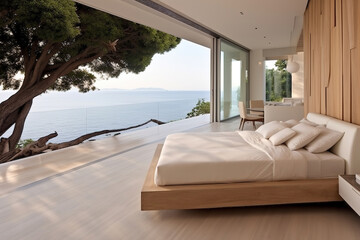 Minimalist interior design of modern bedroom in seaside villa with sea view.