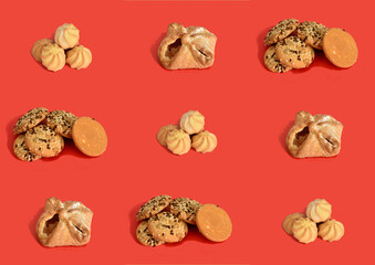 Collage of 9 photos on a red background of shortbread cookies.