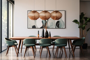 Mid-century style interior design of modern dining room.