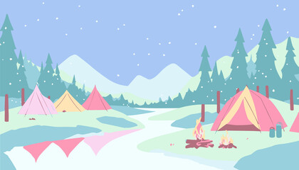 シンプルなキャンプイラスト（雪夜の川辺）