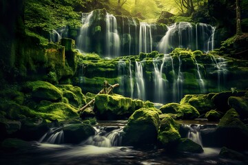Waterfall landscape with rocks covered in green moss.