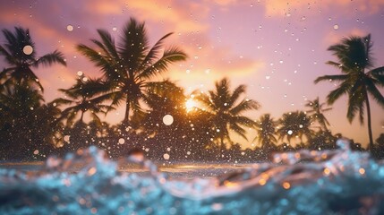 Beach with waves and coconut trees at sunset.