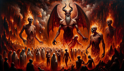 Infernal Descent into the Abyss of Hell: Journeying into Hades' Shadowy Realm, where Lucifer Reigns, Demons & the Devil Lurk, and Tormented Souls & Spirits Suffer Eternal Damnation in Endless Agony. - obrazy, fototapety, plakaty
