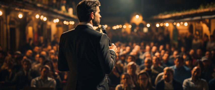 Rückenansicht eines Mannes im Geschäftsanzug, der eine Rede auf einer Bühne hält