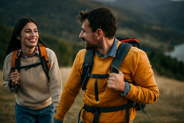 A sweet image of a loving couple, wearing their camping backpacks as they wind down from a day of...