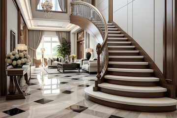 Interior design of modern entrance hall with staircase in villa.
