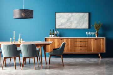 Interior design of modern dining room or living room, marble table and chairs. Wooden sideboard over blue wall