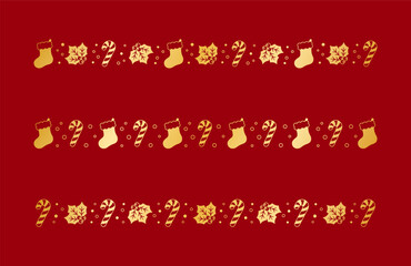 Gold Christmas themed decorative border and text divider set, Christmas Stocking, Candy Cane and Mistletoe Pattern Silhouette. Vector Illustration.
