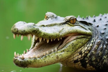 Crocodile with its mouth wide open with a green lake in the green background.