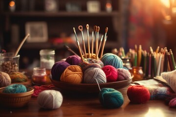 A table with various knitting supplies: balls of yarn, knitting needles, and a pair of knitting needles. Generative AI