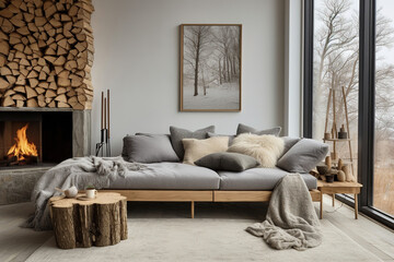 Grey daybed sofa against fireplace. Rustic scandinavian home interior design of modern living room.
