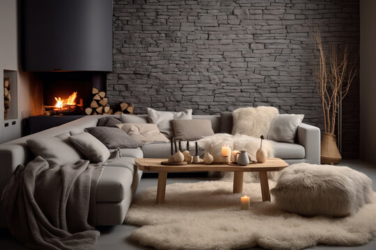 Fototapeta Grey daybed sofa against fireplace. Rustic scandinavian home interior design of modern living room.