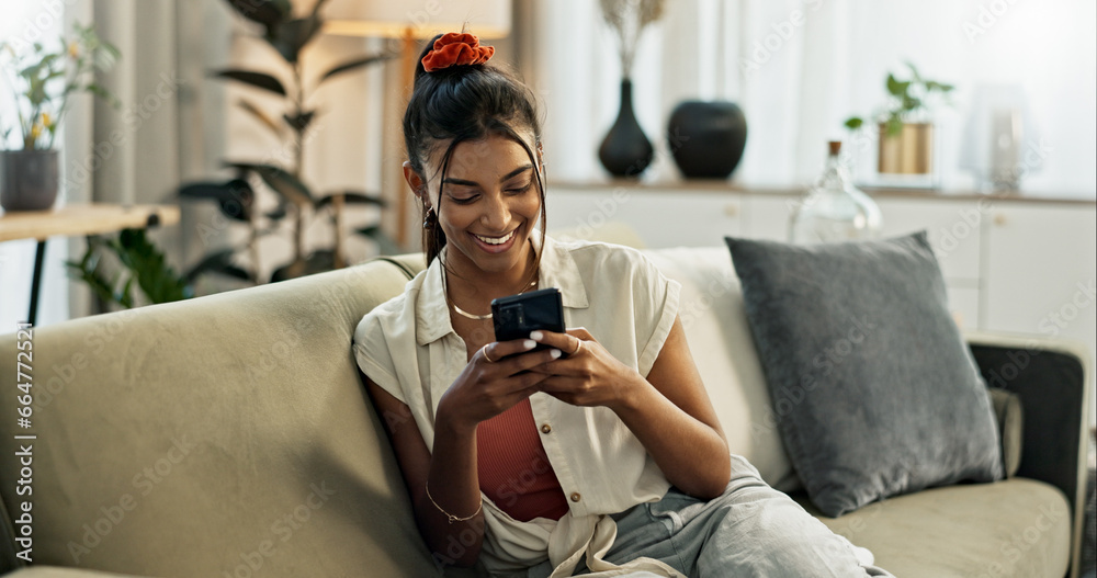 Poster woman, smile and scroll on cellphone, social media post and update subscription app on sofa at home.