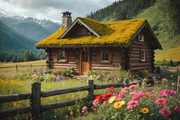 Fototapeta na wymiar Isolated Rustic Tiny Cabin Amd a Beautiful Floral Country Field 002 Generative AI