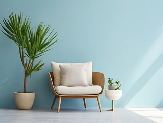 Wicker chair with pillows in front of blue wall and a pot with tree generative ai
