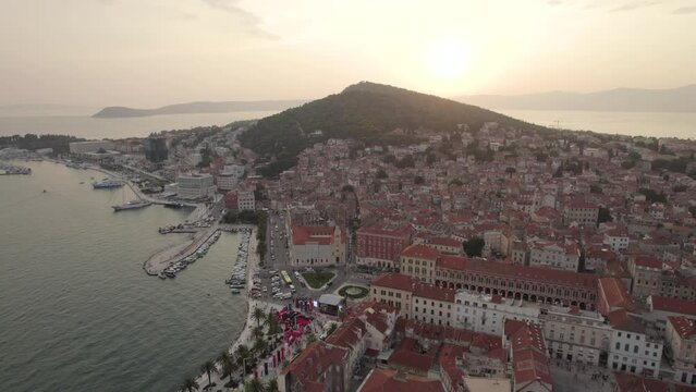 Sunset aerial view over Dalmatia coastline of marina and Split Riva promenade