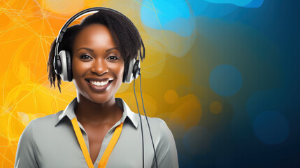 Photo of beautiful young call center operator standing near gray background. African American Woman with headphones looking at camera and smiling - obrazy, fototapety, plakaty