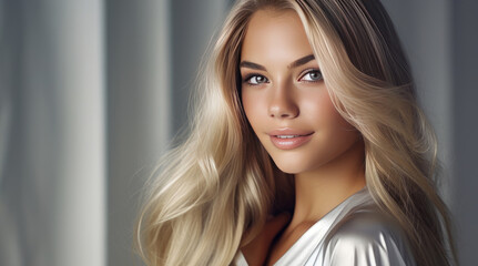 Portrait of a beautiful, sexy Caucasian woman with perfect skin and white long hair, on a silver background.