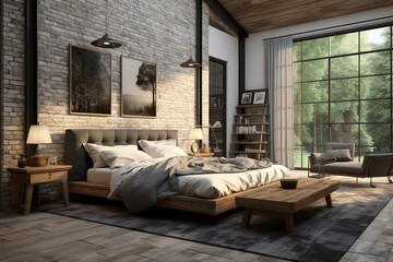 Farmhouse industrial style interior design of modern bedroom.