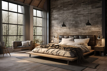 Farmhouse industrial style interior design of modern bedroom. - obrazy, fototapety, plakaty